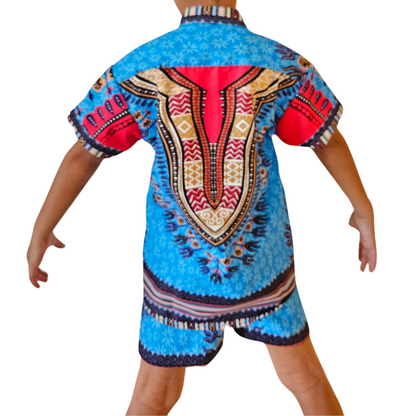 Oferta Combo Camisa + Short + Kufi Combinado. Conjunto Azul Afrodescendiente