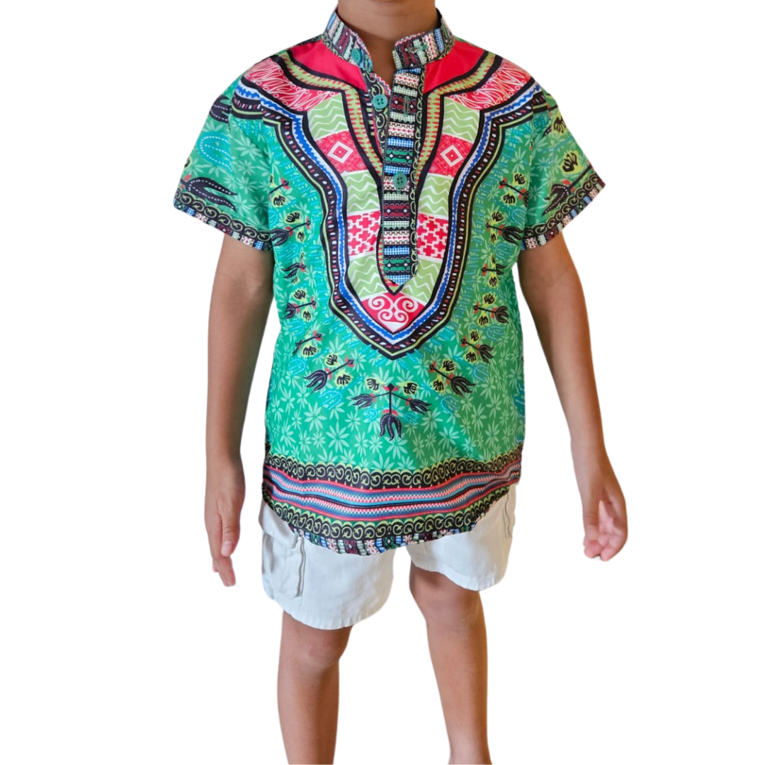 Camisa de Niño de Botones Cuello Chino Estampado Afrocaribeño Verde