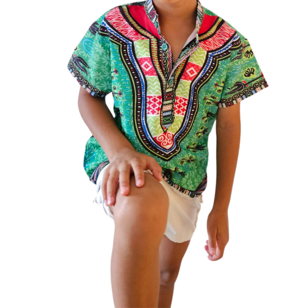 Camisa de Niño de Botones Cuello Chino Estampado Afrocaribeño Verde