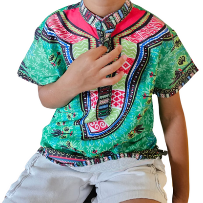 Camisa de Niño de Botones Cuello Chino Estampado Afrocaribeño Verde