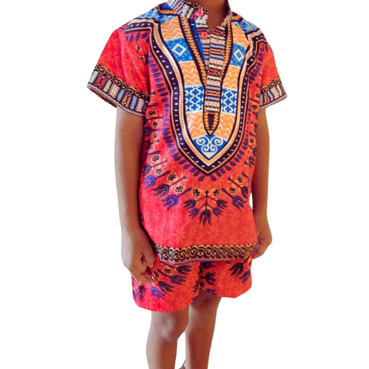 Oferta Combo Camisa Dashiki Afrodescendiente Naranja de Niño + Short