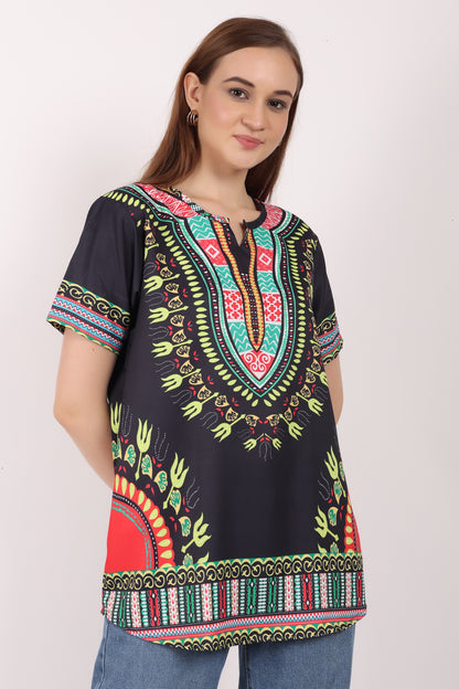 Blusa Afrocaribeña de Dama Estampado Negro