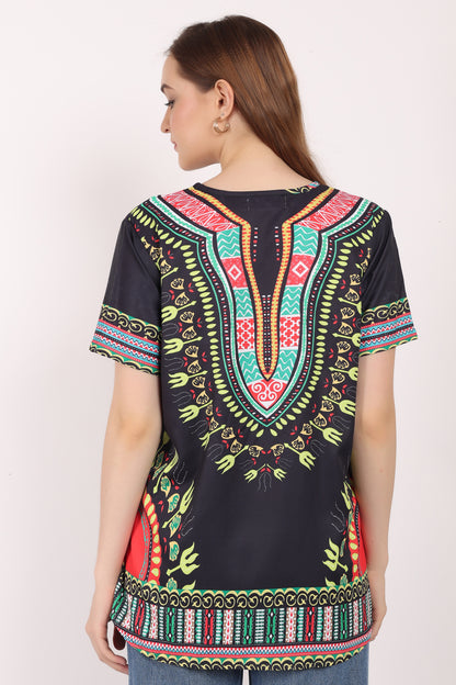 Blusa Afrocaribeña de Dama Estampado Negro