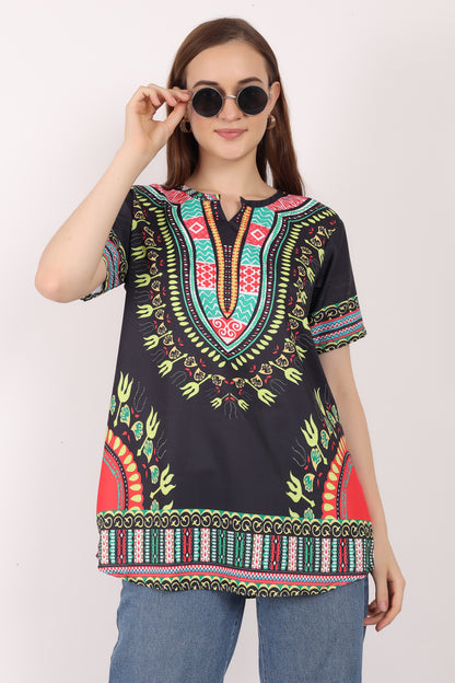 Blusa Afrocaribeña de Dama Estampado Negro