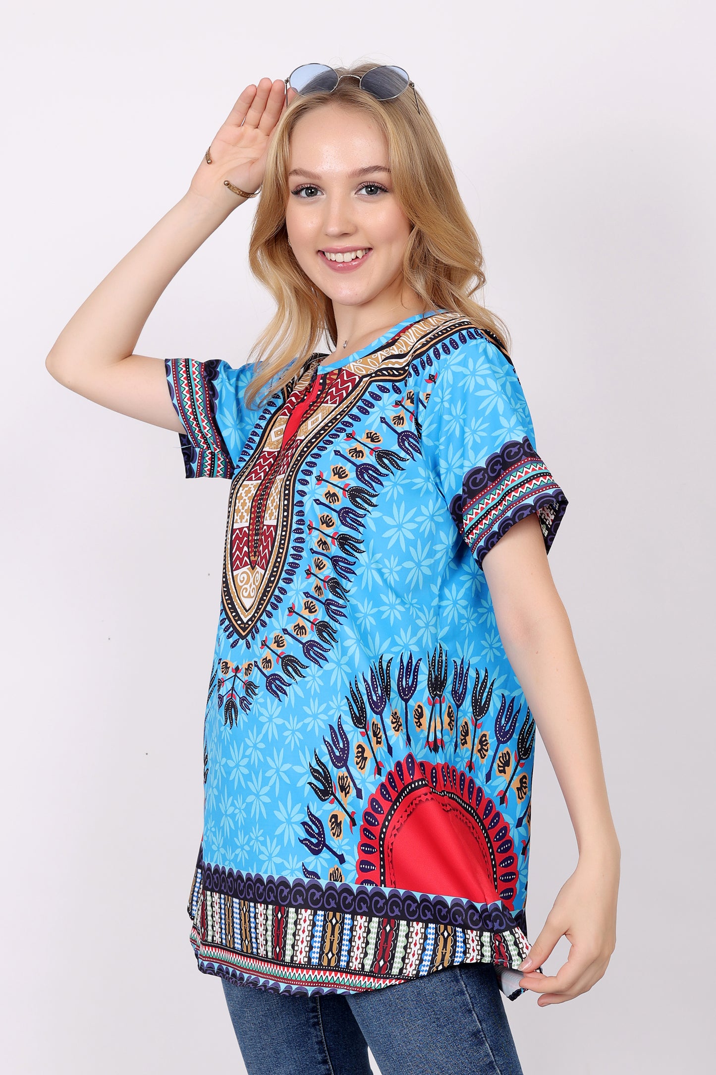 Blusa Afrocaribeña de Dama Estampado Azul Turquesa