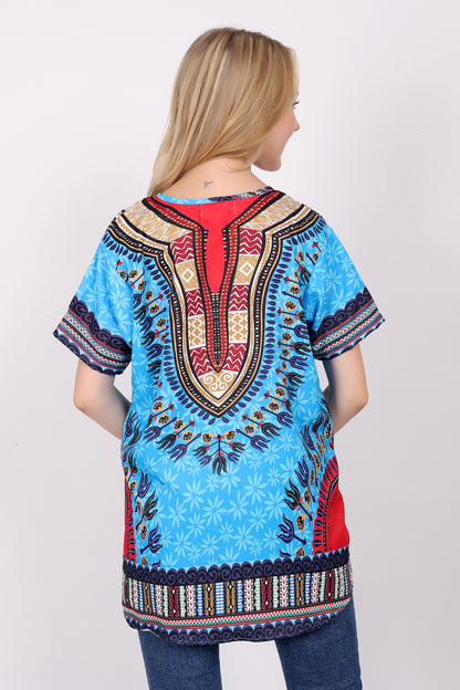 Blusa Afrocaribeña de Dama Estampado Azul Turquesa