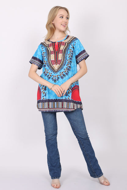 Blusa Afrocaribeña de Dama Estampado Azul Turquesa