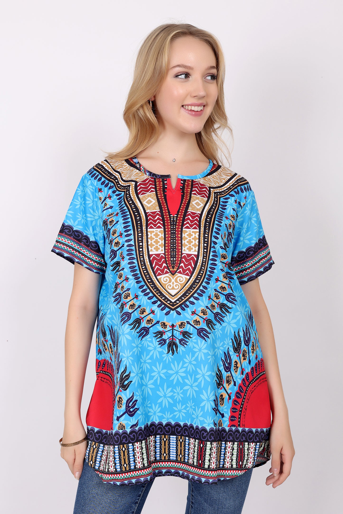 Blusa Afrocaribeña de Dama Estampado Azul Turquesa