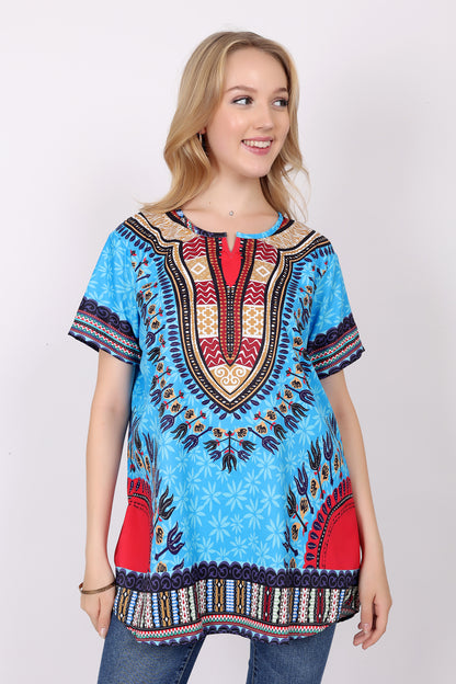 Blusa Afrocaribeña de Dama Estampado Azul Turquesa