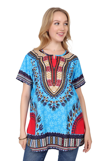 Blusa Afrocaribeña de Dama Estampado Azul Turquesa