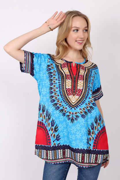 Blusa Afrocaribeña de Dama Estampado Azul Turquesa