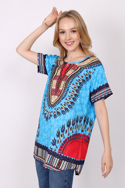 Blusa Afrocaribeña de Dama Estampado Azul Turquesa