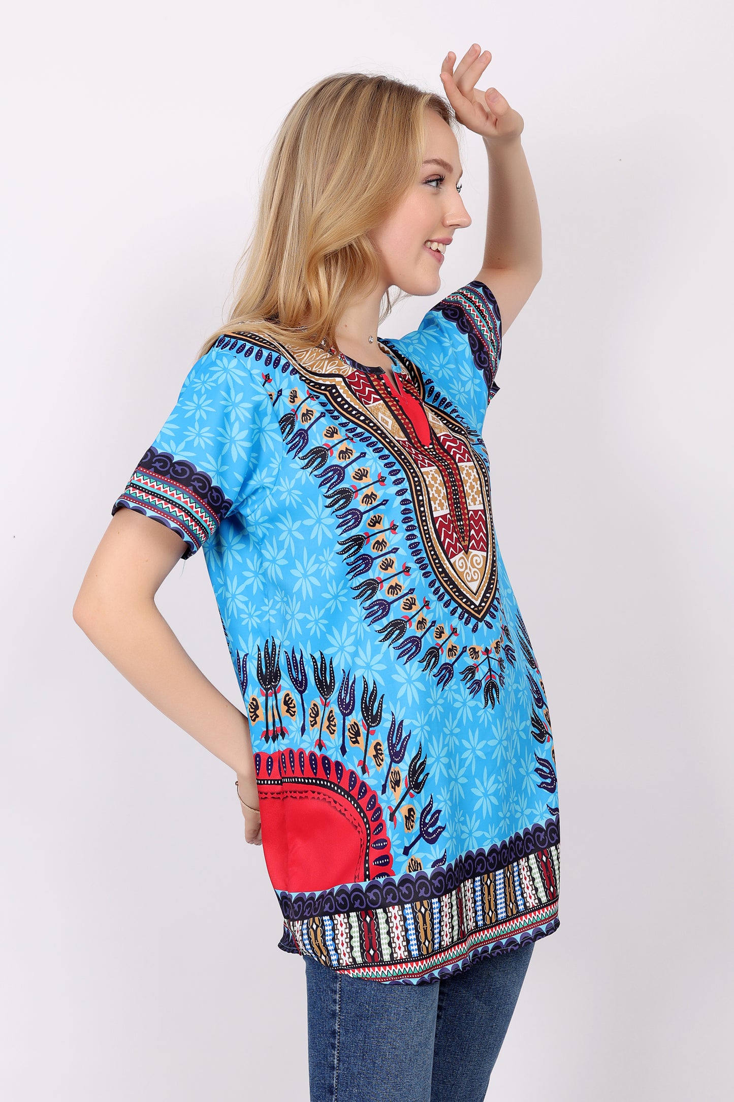 Blusa Afrocaribeña de Dama Estampado Azul Turquesa