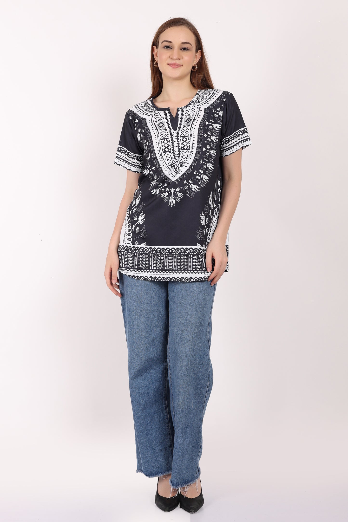 Blusa Afrocaribeña de Dama Estampado Negro con Blanco