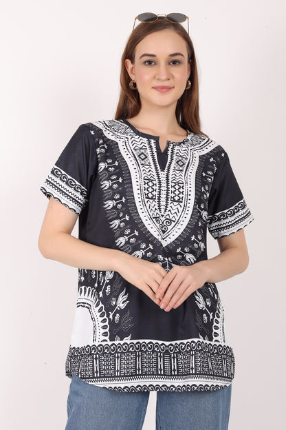 Blusa Afrocaribeña de Dama Estampado Negro con Blanco