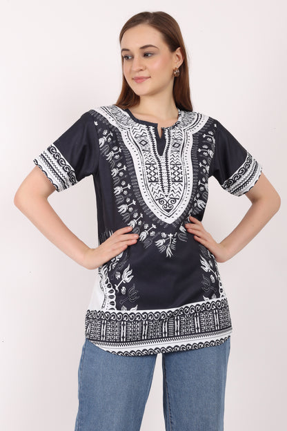 Blusa Afrocaribeña de Dama Estampado Negro con Blanco