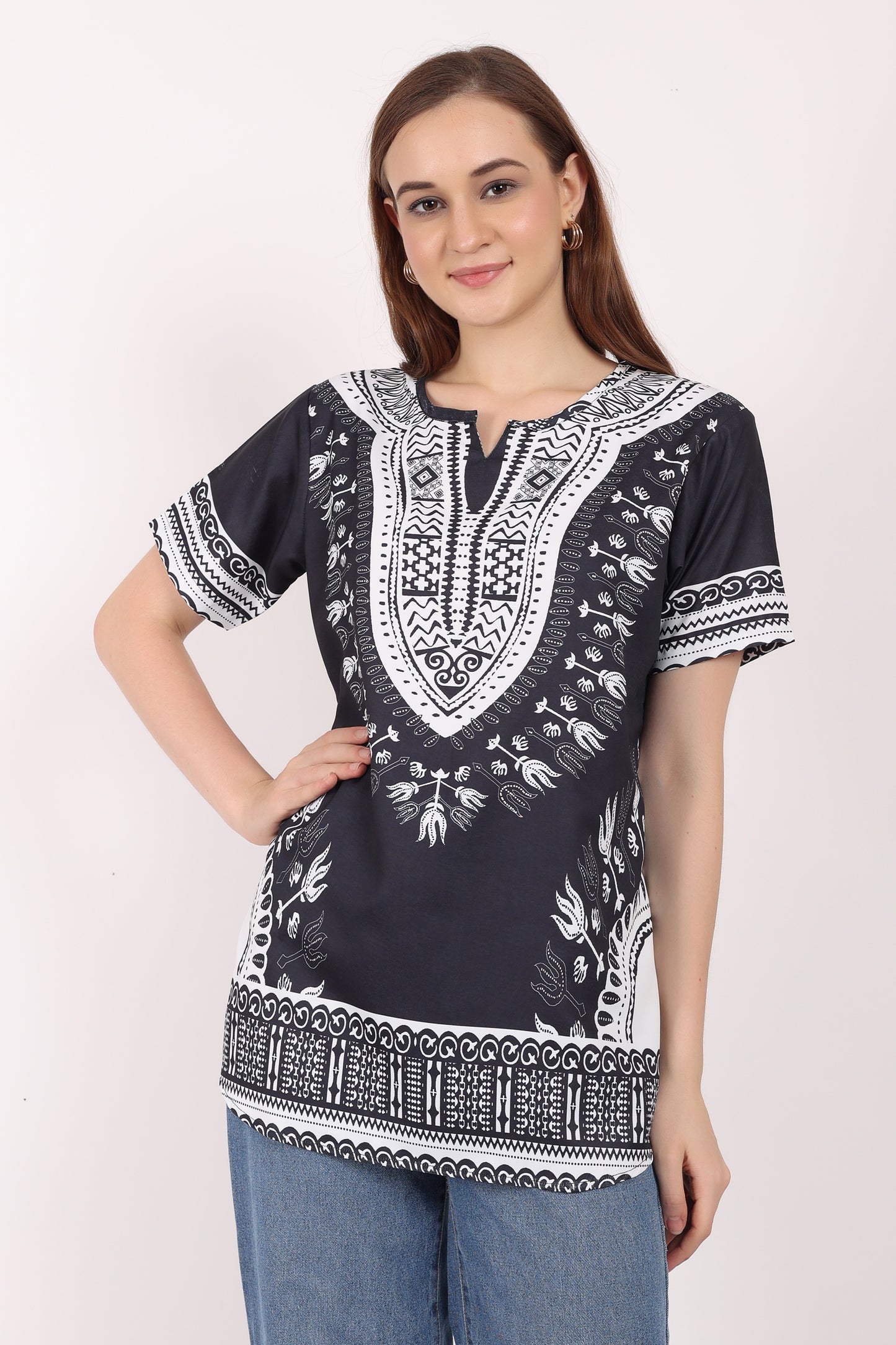 Blusa Afrocaribeña de Dama Estampado Negro con Blanco