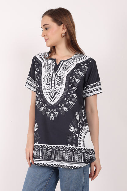 Blusa Afrocaribeña de Dama Estampado Negro con Blanco