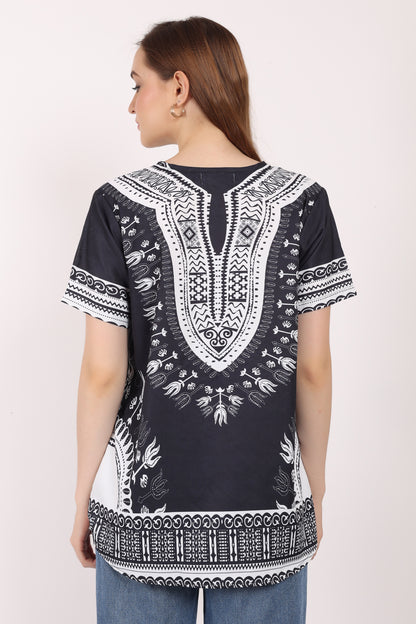 Blusa Afrocaribeña de Dama Estampado Negro con Blanco