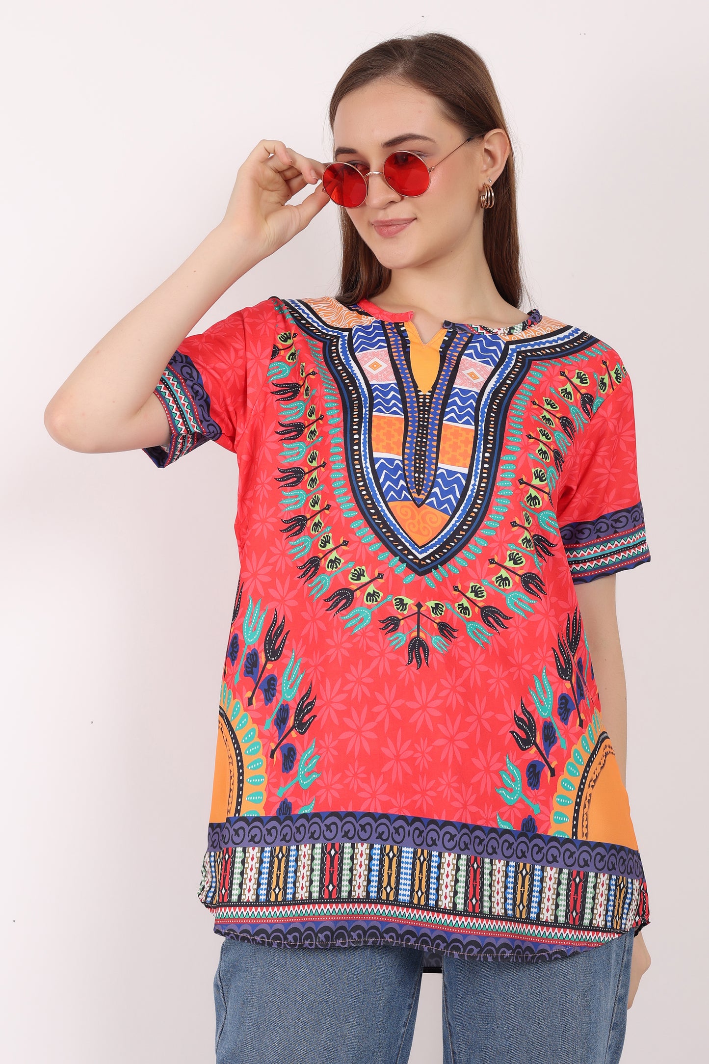 Blusa Afrocaribeña de Dama Estampado Rojo