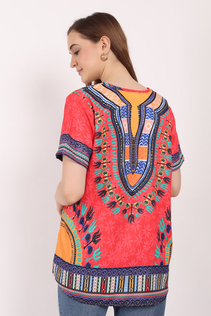 Blusa Afrocaribeña de Dama Estampado Rojo