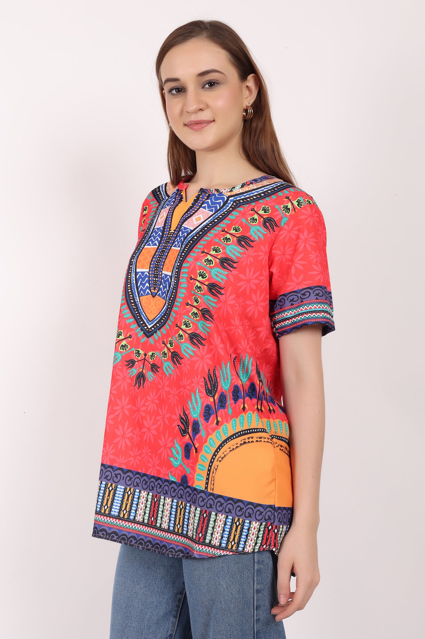 Blusa Afrocaribeña de Dama Estampado Rojo