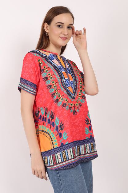 Blusa Afrocaribeña de Dama Estampado Rojo