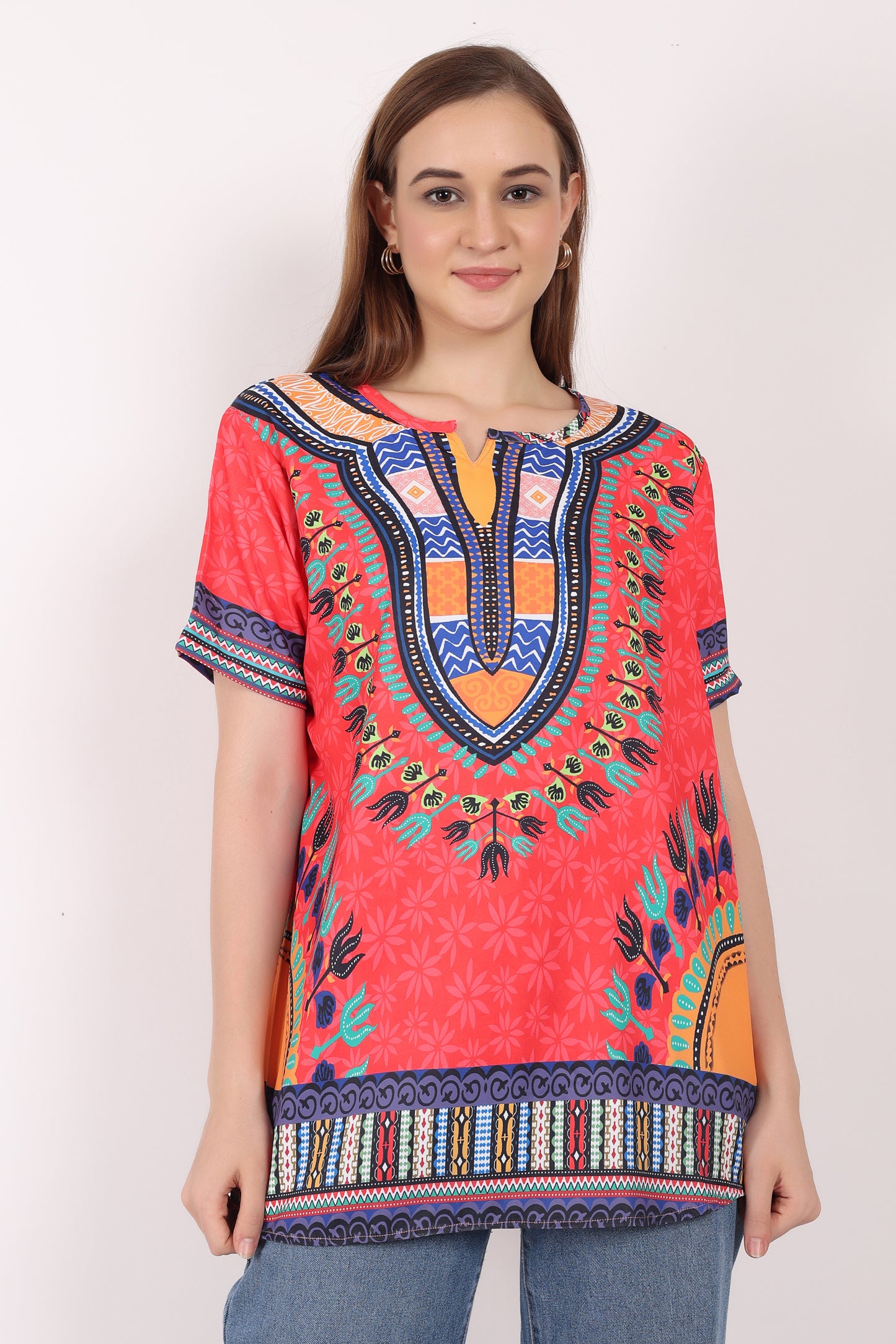 Blusa Afrocaribeña de Dama Estampado Rojo