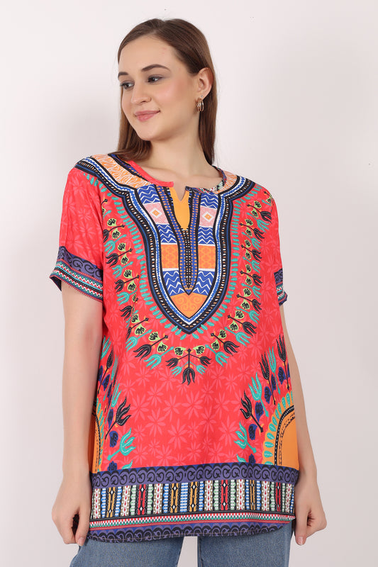 Blusa Afrocaribeña de Dama Estampado Rojo