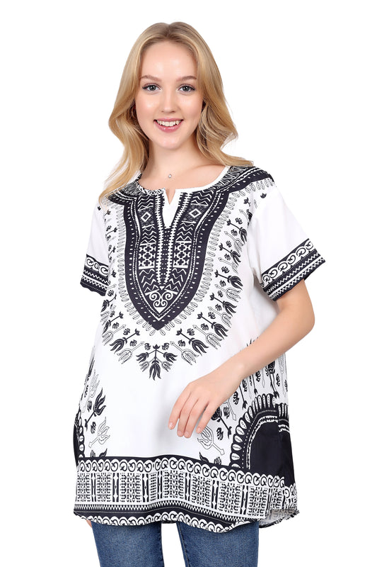 Blusa Afrocaribeña de Dama Estampado Blanco con Negro