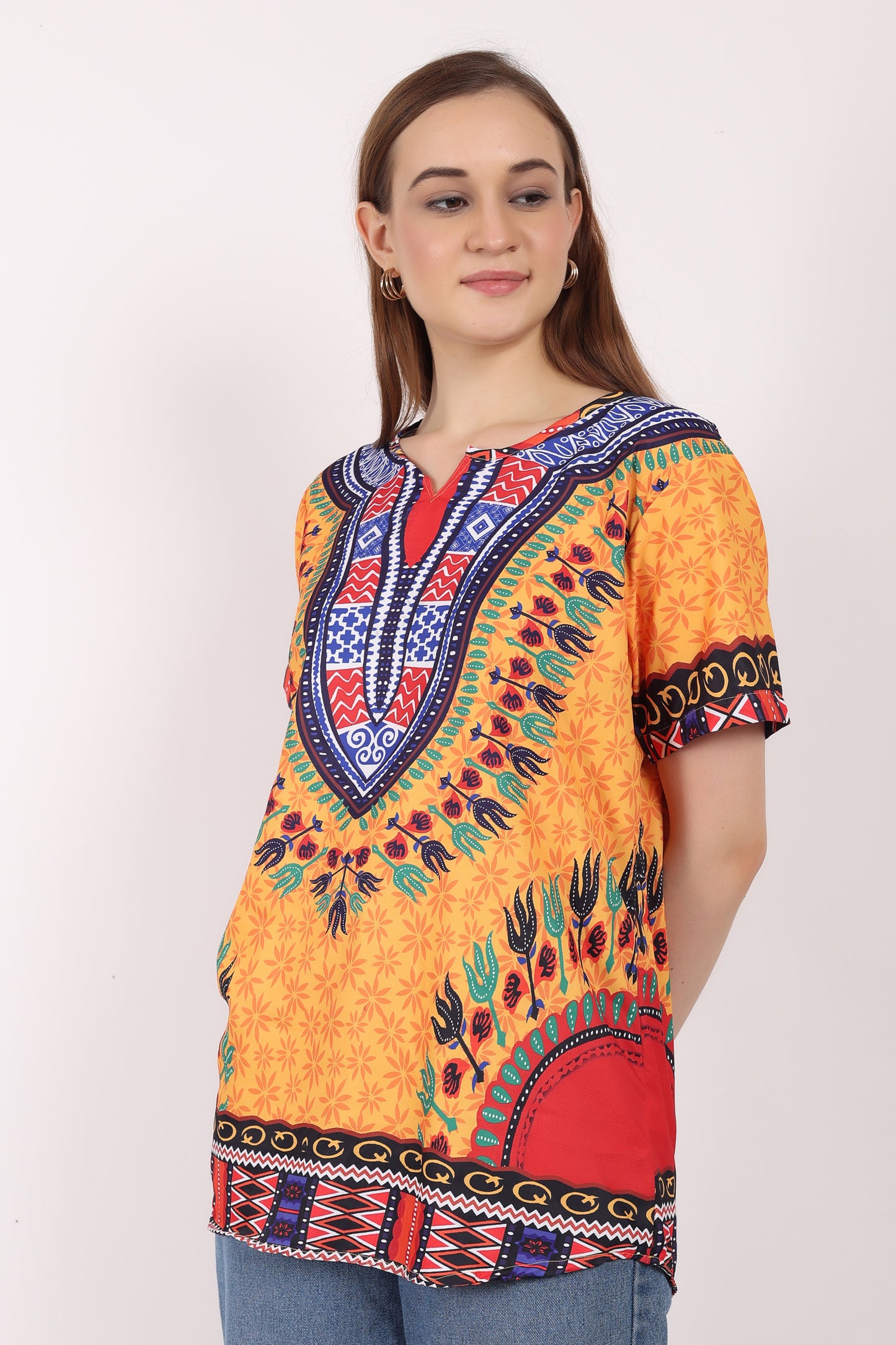 Blusa Afrocaribeña de Dama Estampado Amarillo