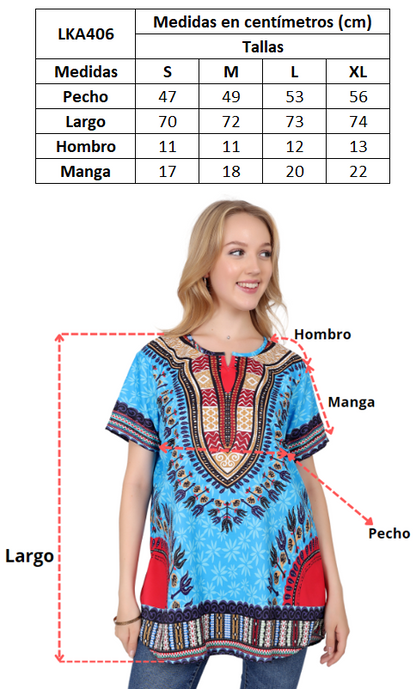 Blusa Afrocaribeña de Dama Estampado Azul Turquesa