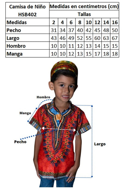 Oferta Combo Camisa de Botones Afrodescendiente Naranja de Niño + Sombrero (Kufi) Combinado