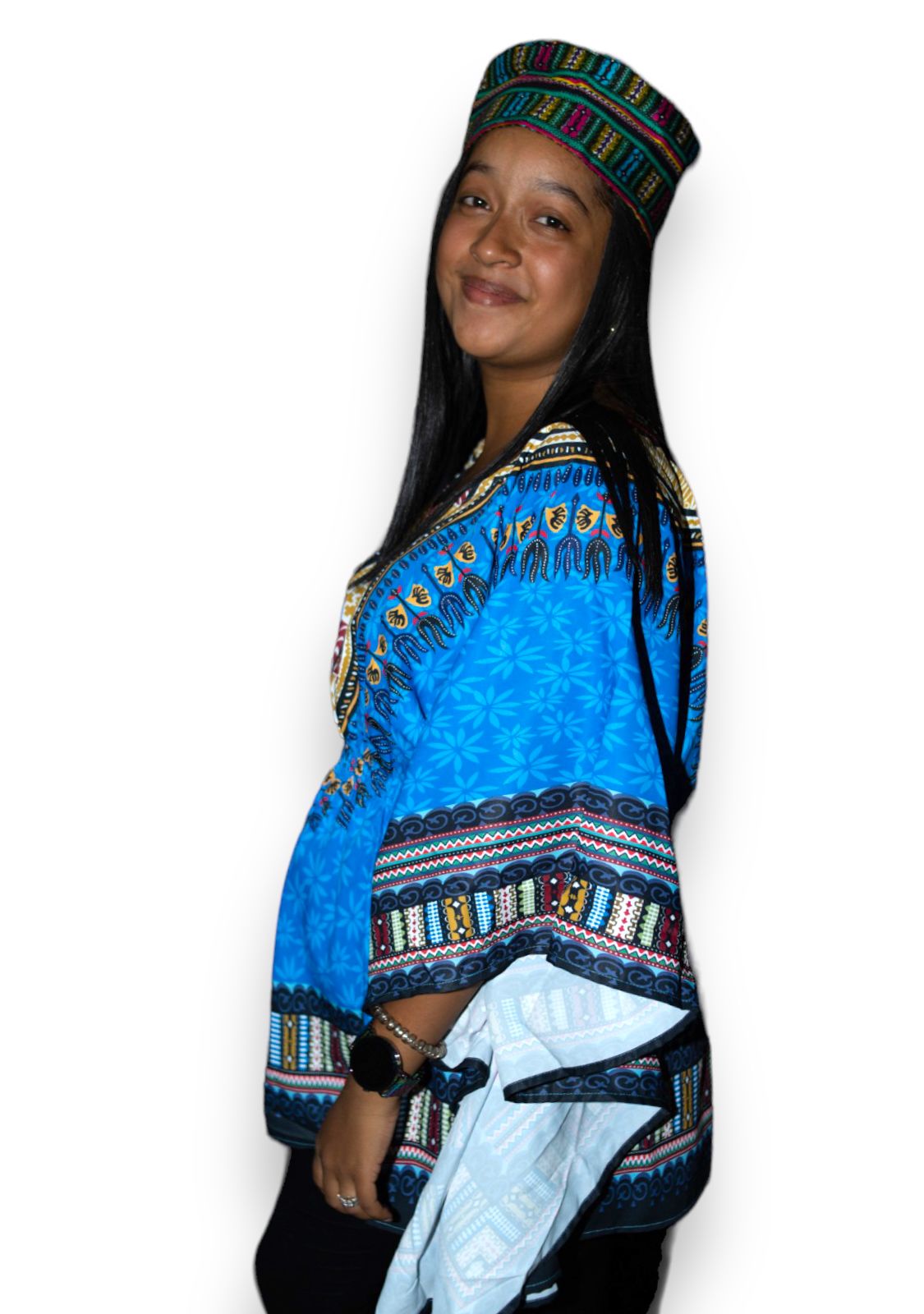 Top Blusa de Dama con Estampado Afrocaribeño Azul