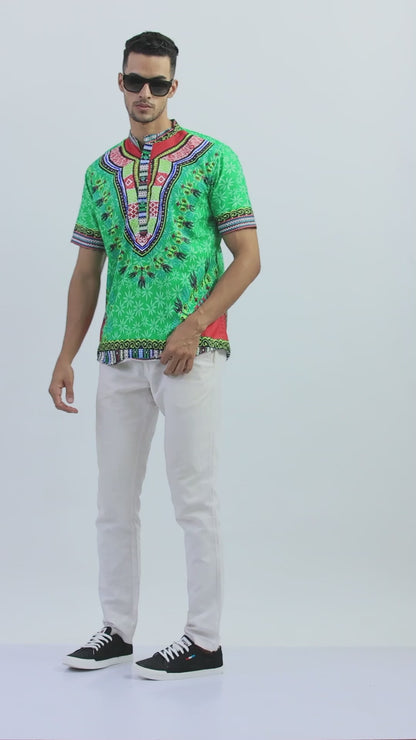 Camisa de Hombre Afrocaribeño Verde de Botones Cuello Chino HS405