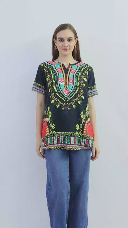 Blusa Afrocaribeña de Dama Estampado Negro